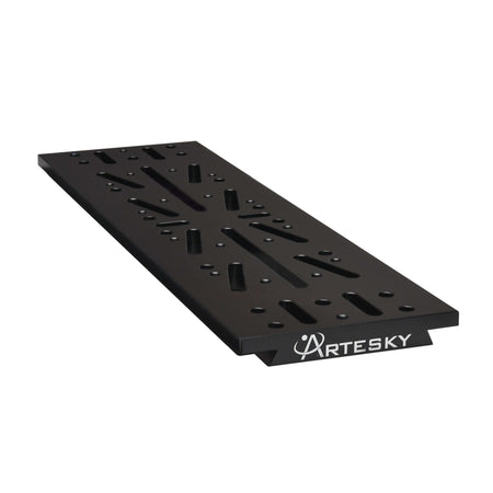 Piastra Losmandy 340mm Artesky V2 per montature astronomiche, ideale per telescopi grandi, nera con logo e fori di montaggio.