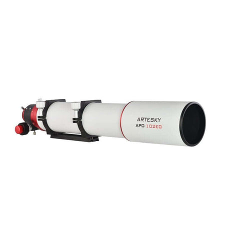 Artesky 102ED f/7 APO rifrattore con obiettivo a 2 elementi, include FCD1-B Ohara e lantanio, ideale per astrofotografia precisa.