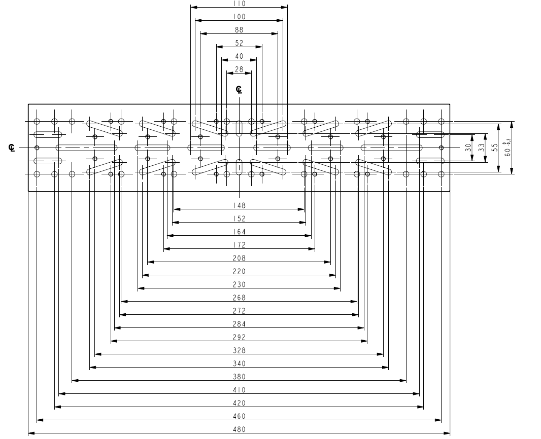 Diagramma tecnico della piastra Losmandy 480mm Artesky, con dettagli delle misure per montature telescopiche.