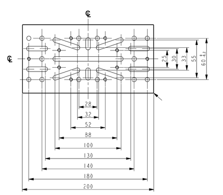 Schema tecnico della piastra Losmandy Artesky da 200mm con misure dettagliate per montature telescopiche.