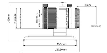 Diagramma del teleobiettivo Askar FMA180 PRO, rifrattore APO tripletto con dettagli tecnici e dimensioni.