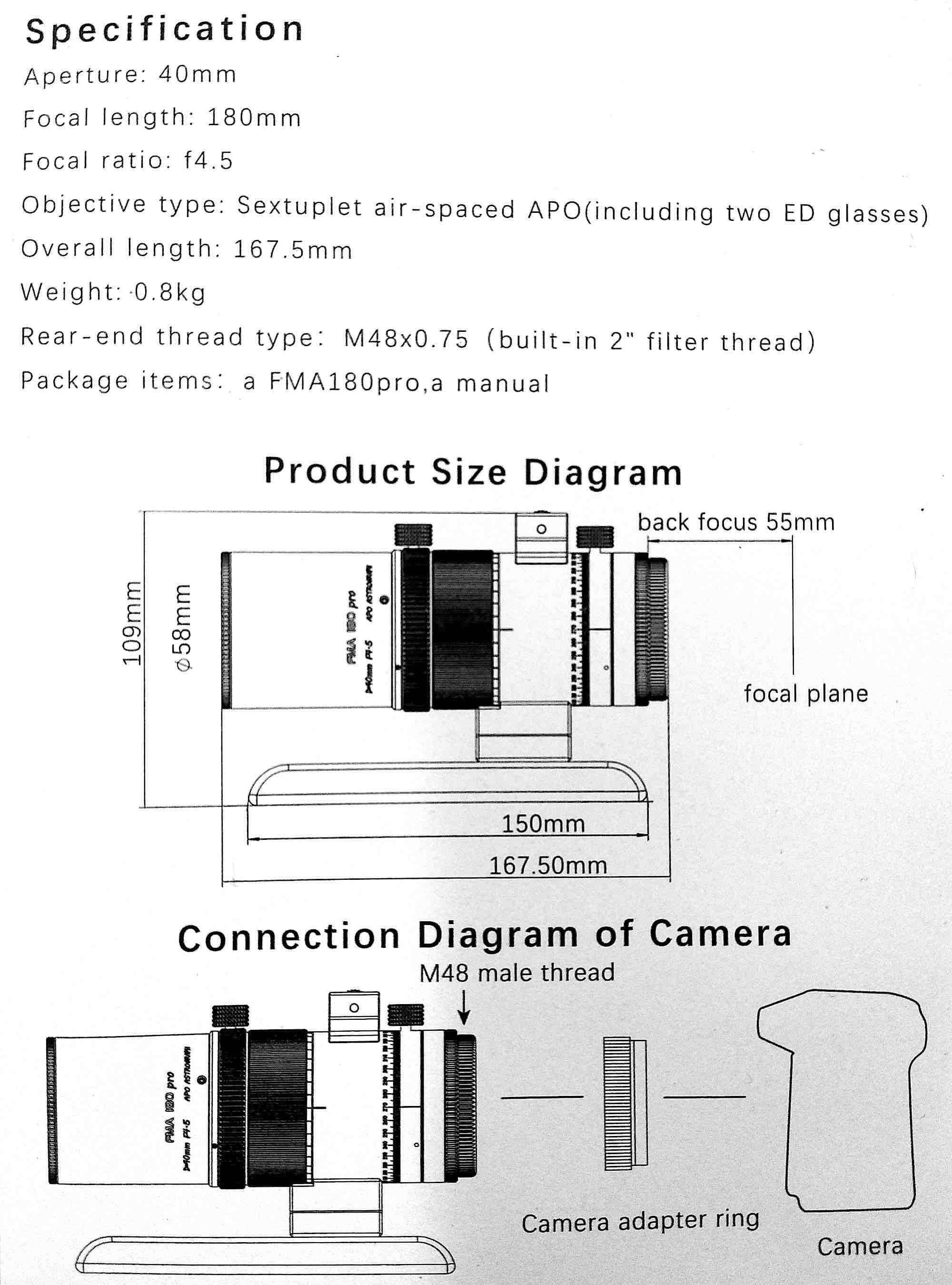Schema tecnico Askar FMA180 PRO con specifiche e diagrammi di connessione per astrofotografia.