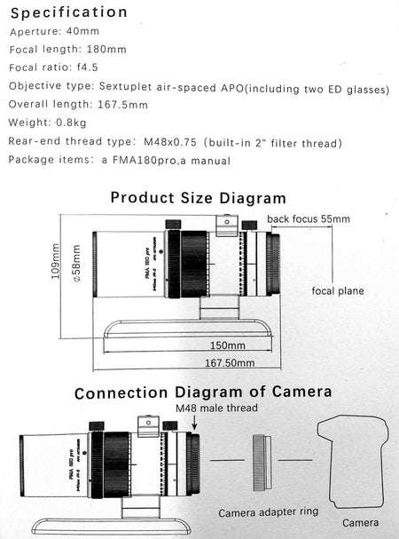 Schema tecnico Askar FMA180 PRO con specifiche e diagrammi di connessione per astrofotografia.