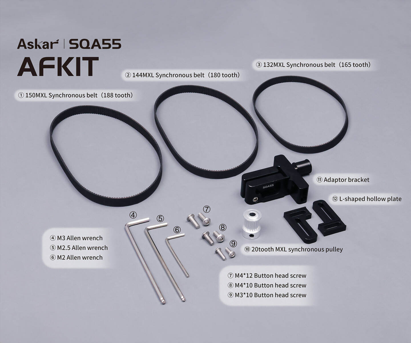 Kit adattatore Askar SQA55 AF per focheggiatore elettronico con cinghie e strumenti inclusi, migliora la precisione astronomica.
