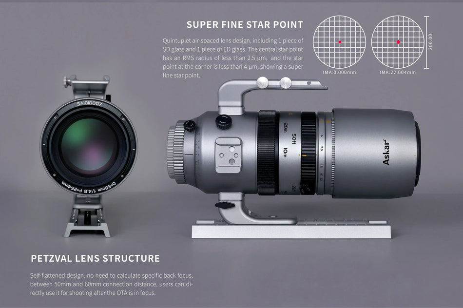 Obiettivo teleobiettivo Askar SQA55 264mm f/4.8 APO per astrofotografia e fotografia naturalistica, design e precisione avanzata.