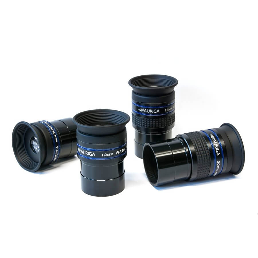 Set di oculari Auriga Oculare WA Wide Angle 65° 20mm e altri modelli, con barilotto da 31.8mm e trattamento antiriflesso FMC.