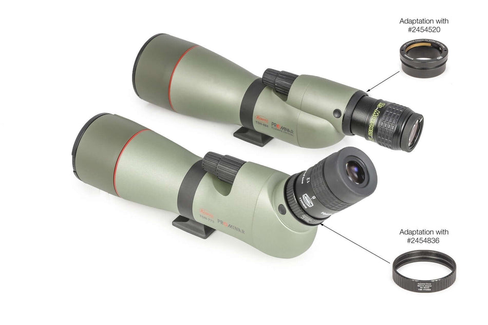 Set di cannocchiali Kowa TSN 770 e 880 con adattatore Baader Hyperion Mark IV Zoom a M54, connessioni mostrano filetti M54 e M53.