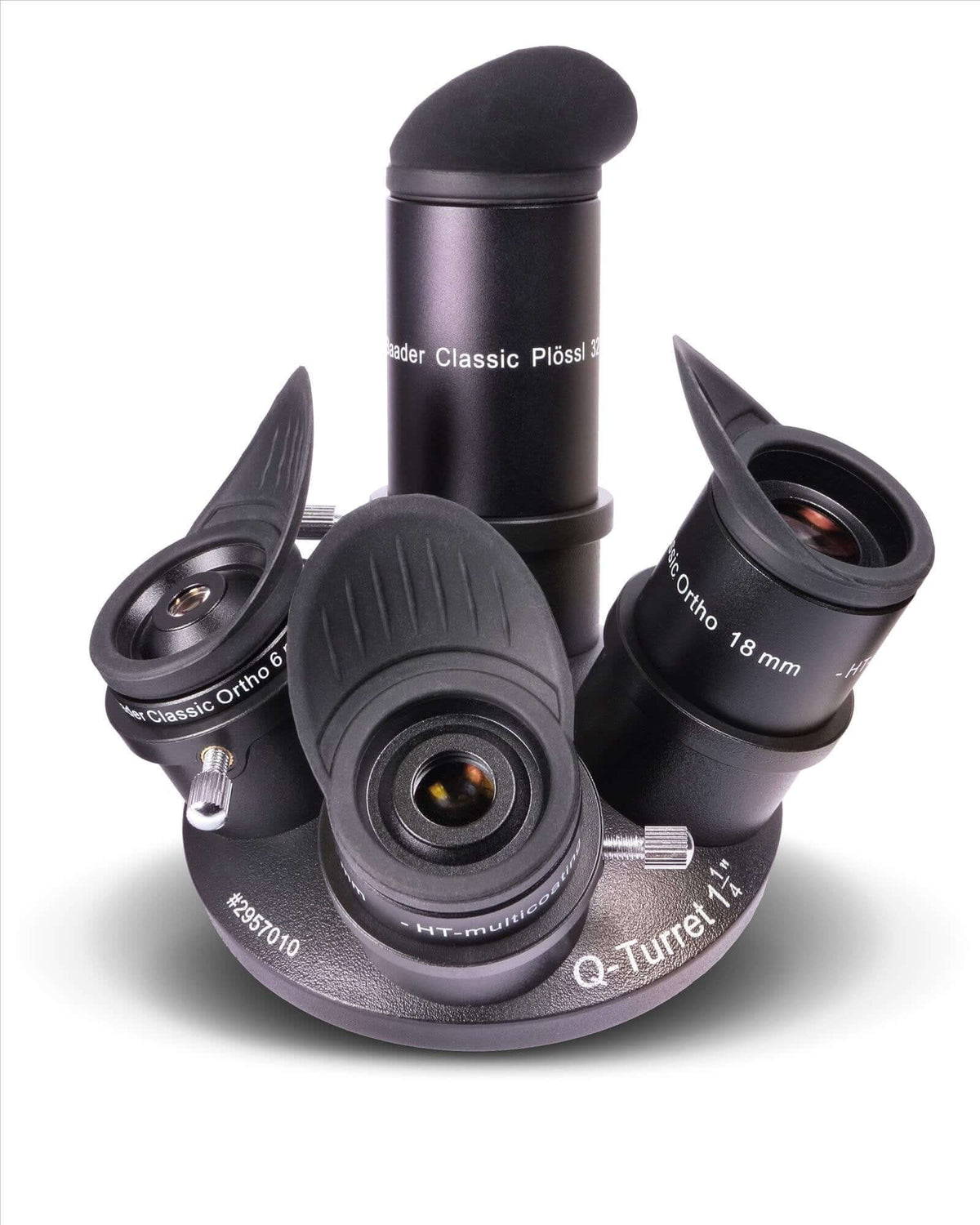 Set Baader Q-Turret con oculari Classic Ortho 6-10-18mm, Plossl 32mm e Q-Barlow 2,25x per astronomia, montati su Q-Turret e Astro-Box.