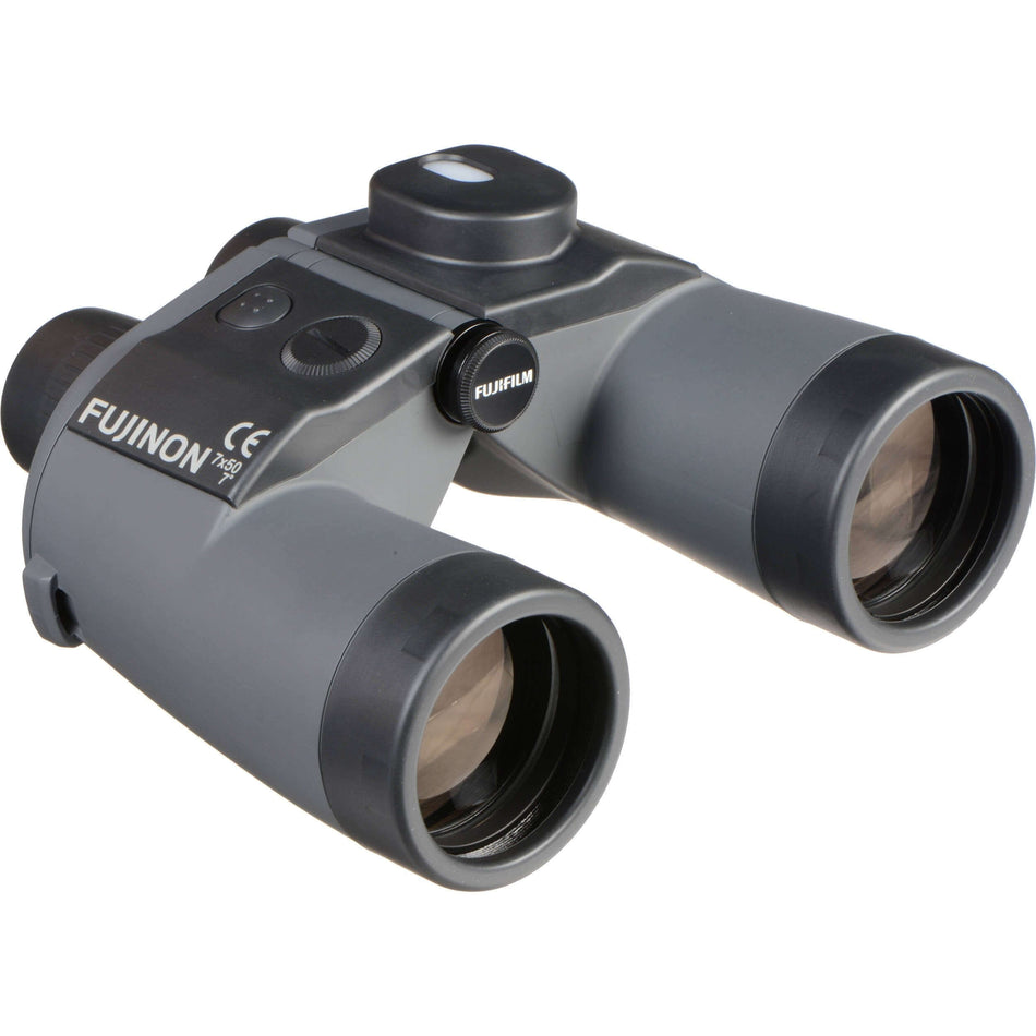 Binocolo Fujinon 7x50 WPC-XL impermeabile con bussola integrata e luce a LED per usi marini, design ergonomico e tracolla galleggiante.