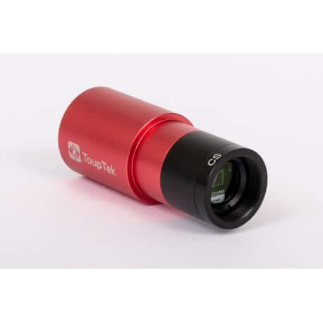 Camera ToupTek 290C per astrofotografia e guida planetaria, sensore Sony IMX290 ad alta sensibilità, compatta e versatile, colore rosso.