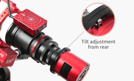 Fotocamera ZWO ASI 2600 MC DUO con regolazione inclinazione posteriore, ideale per l'astrofotografia con sensore Sony APS-C.