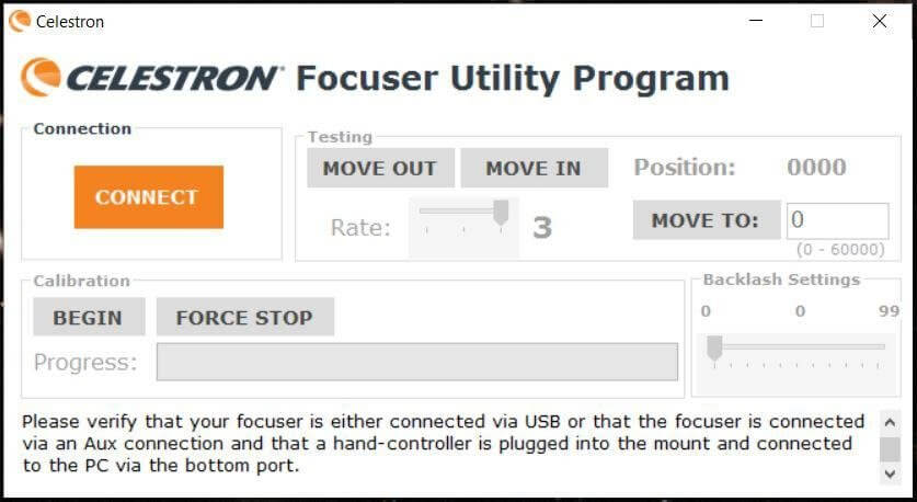 Interfaccia del software Celestron Focuser Utility Program per controllo motorizzato fuocheggiatore telescopi Celestron.