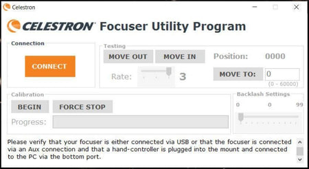 Interfaccia del software Celestron Focuser Utility Program per controllo motorizzato fuocheggiatore telescopi Celestron.