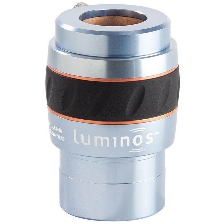 Lente Barlow Celestron Luminos 2" 2.5x per osservazioni e imaging planetario, schema ottico a quattro lenti per fedeltà colore.