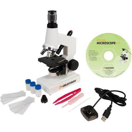 Microscopio biologico Celestron con webcam, accessori e software per osservazioni e riprese fino a 600x.