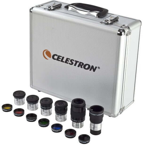 Kit Celestron Oculari e Filtri 31.8mm con 5 oculari Plossl, lente Barlow 2x, 6 filtri colorati e valigetta in alluminio.