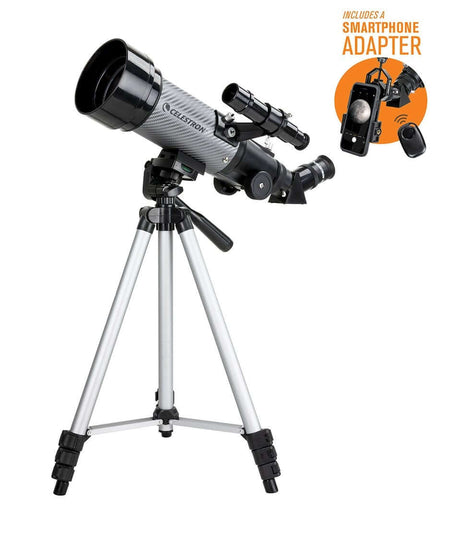 Celestron Travelscope 70 DX con treppiede, adattatore smartphone e telecomando Bluetooth.