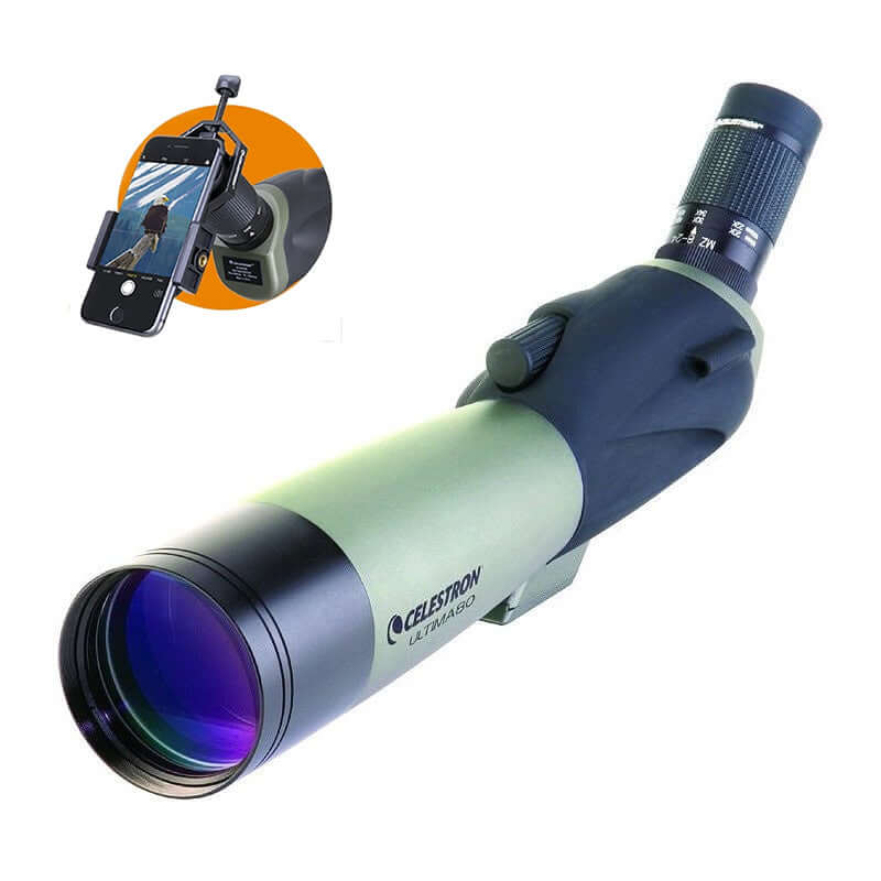 Cannocchiale Celestron Ultima 80 con adattatore smartphone per escursionisti e tiratori, zoom 20-60x, visione a 45 gradi.