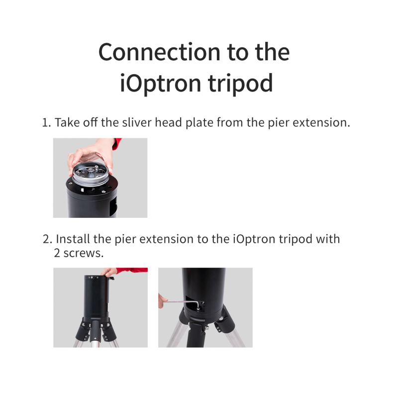 Istruzioni per connettere l'estensione del piedistallo ZWO PE200 al treppiede iOptron con due viti.