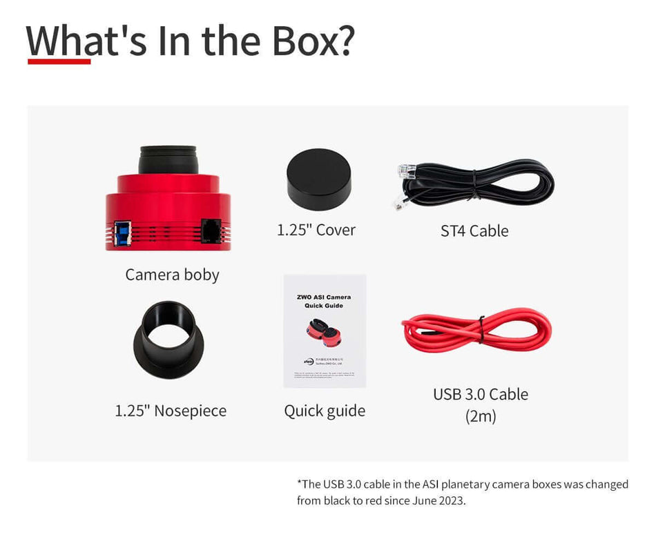 Contenuto della confezione ZWO ASI 678 MC: camera body, cover da 1.25", cavo ST4, guida rapida e cavo USB 3.0 rosso da 2m.