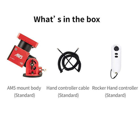 Contenuto scatola ZWO AM5: corpo montatura, cavo controller e rocker hand controller standard per astrofotografia.