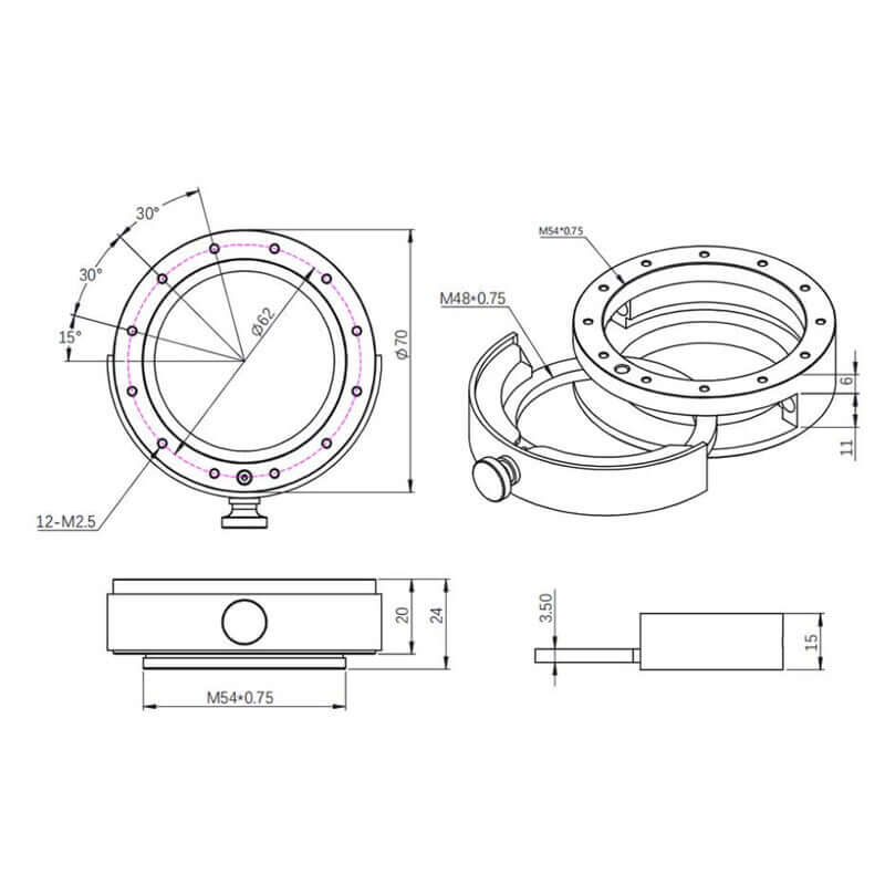 Schema tecnico del ZWO Cassetto Portafiltri M54 da 2".