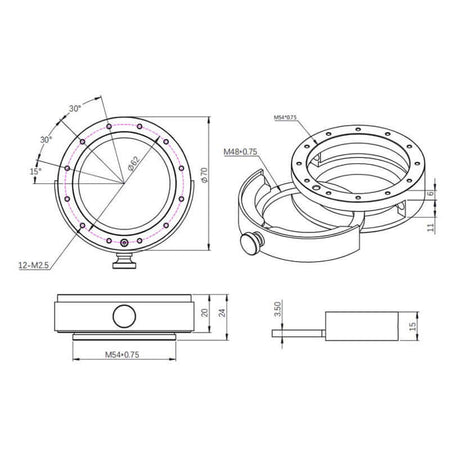 Schema tecnico del ZWO Cassetto Portafiltri M54 da 2".