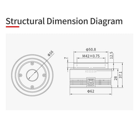 Diagramma dimensionale strutturale per fotocamera ZWO ASI 715 MC con misure dettagliate in vista frontale e laterale.