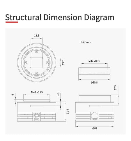 Diagramma dimensioni strutturali della telecamera ZWO ASI 585 MC, misure in millimetri, dettagli tecnici e specifiche.