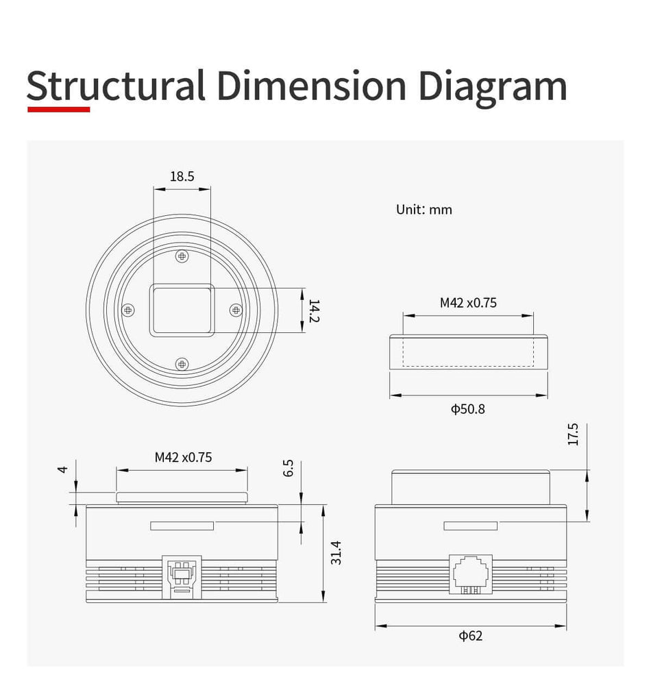 Diagramma dimensioni strutturali della telecamera ZWO ASI 585 MC, misure in millimetri, dettagli tecnici e specifiche.