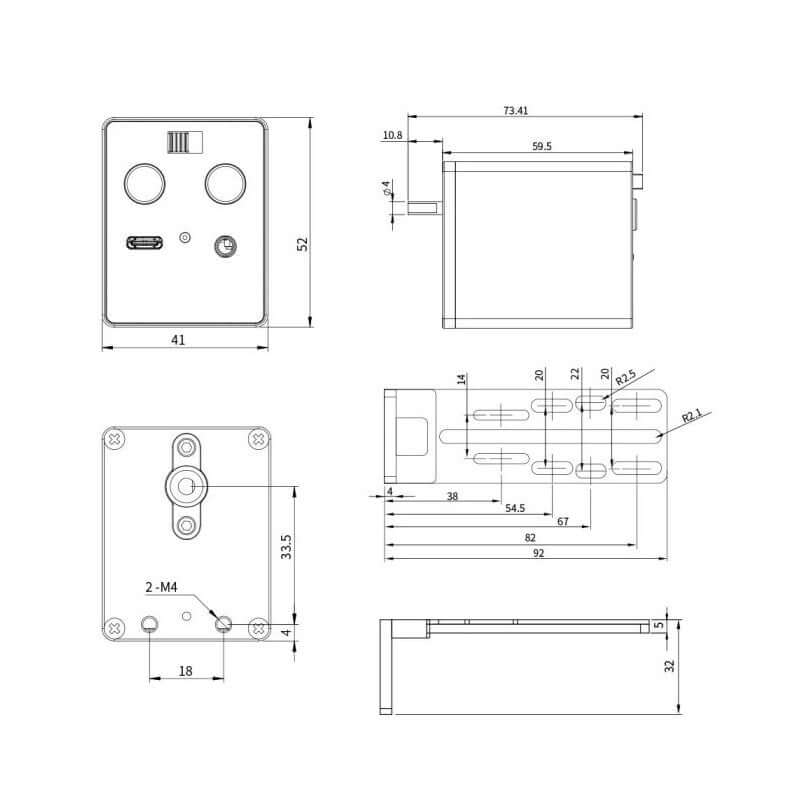 Disegno tecnico del focheggiatore elettronico ZWO EAF-Pro con dimensioni dettagliate.