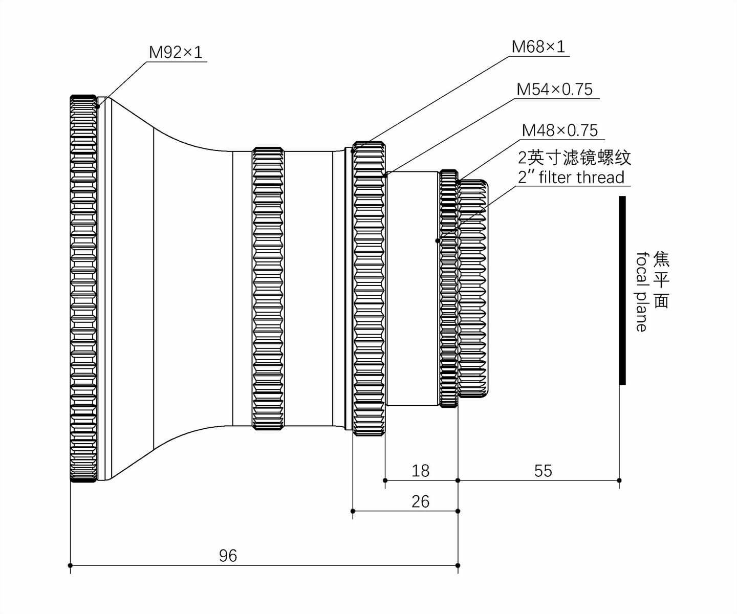 Askar Spianatore 1.0x per 160 APO, schema dimensionale