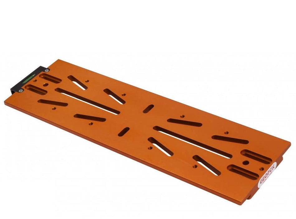 Barra Losmandy Geoptik 340mm arancione in alluminio anodizzato CNC con bolla di livello, Dimensioni: 340x100x12mm.