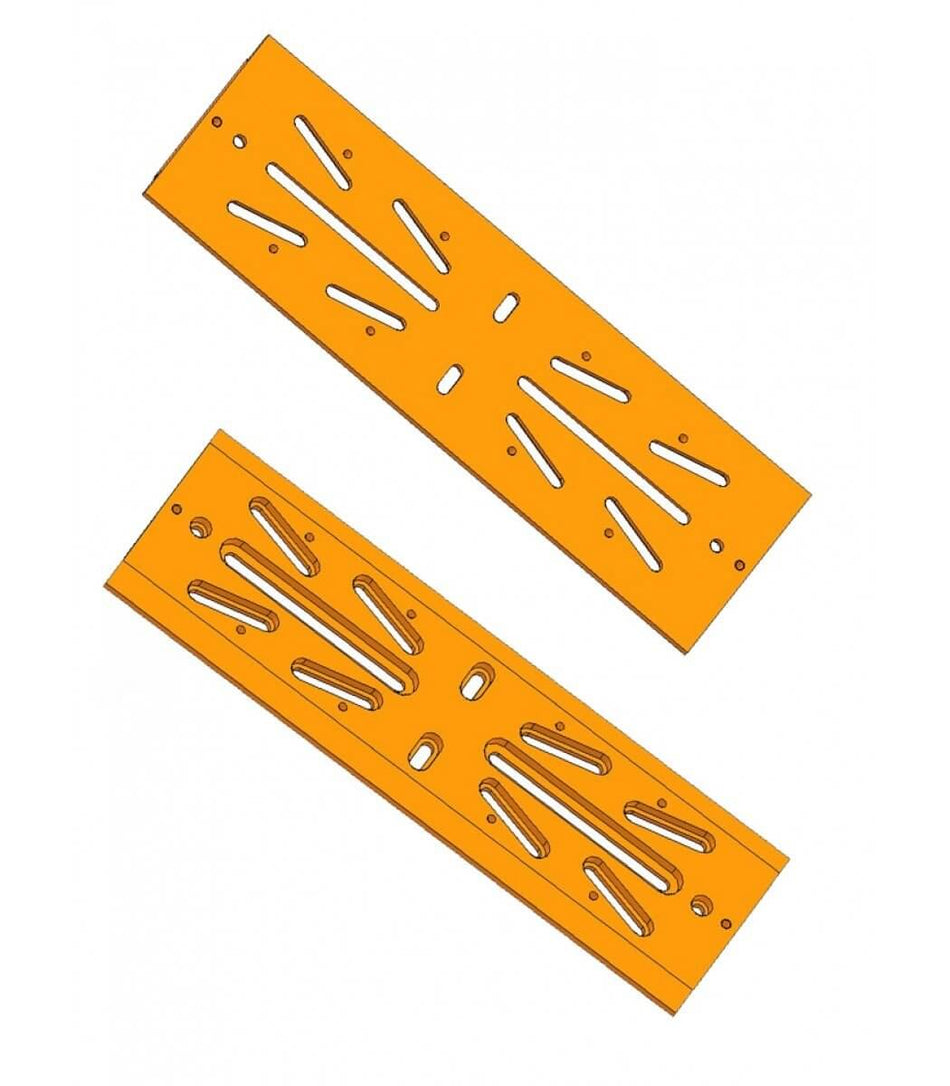 Barra Losmandy Geoptik 340mm arancione in alluminio anodizzato con lavorazione CNC e bolla di livello, dimensioni 340x100x12 mm.