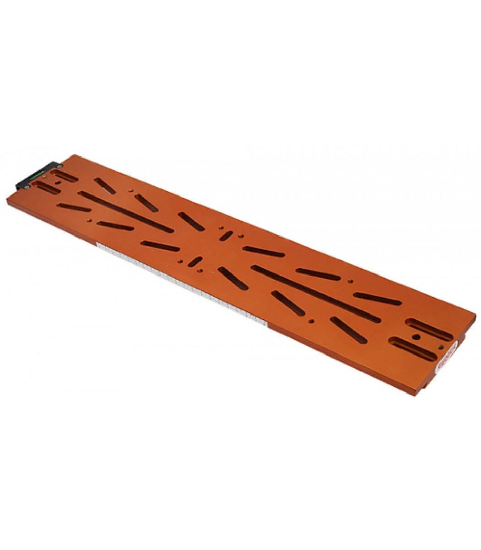 Barra Losmandy arancione 450mm Geoptik in alluminio CNC, compatibile e reversibile, con bolla di livello e scala millimetrica.