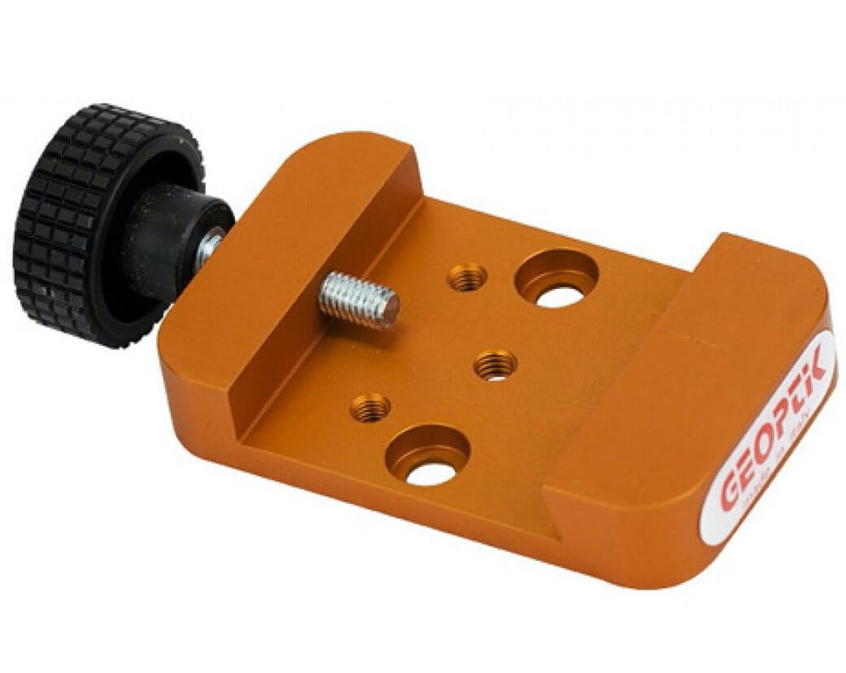 Morsetto Geoptik arancione per slitte Vixen/EQ, dimensioni 80x50x15 mm, con interasse fori 35 mm.