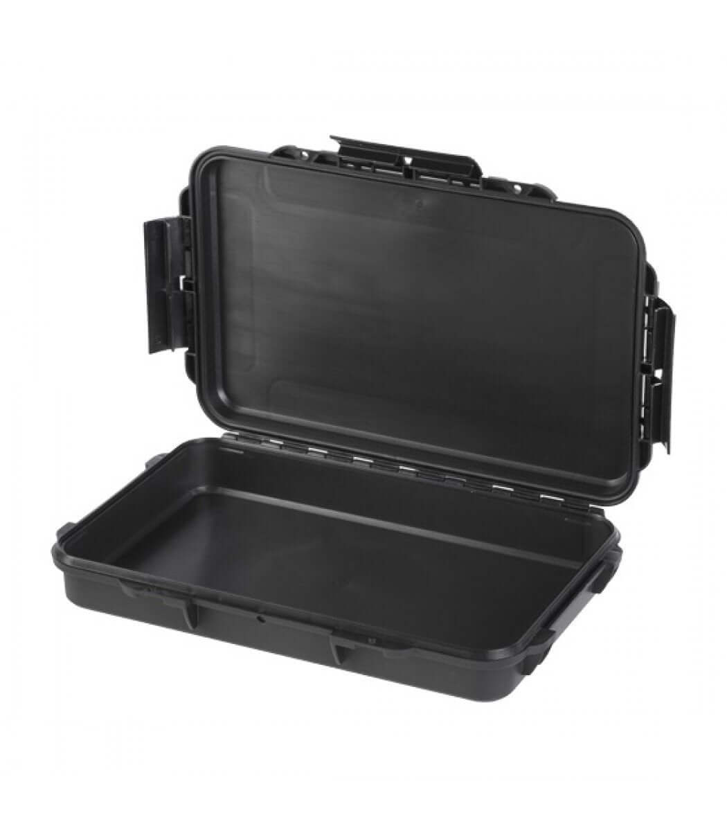Valigetta Geoptik Scatola Stagna Poket 3 nera aperta, resistente all'acqua, polvere e urti, certificata IP67, valvola pressurizzazione automatica.