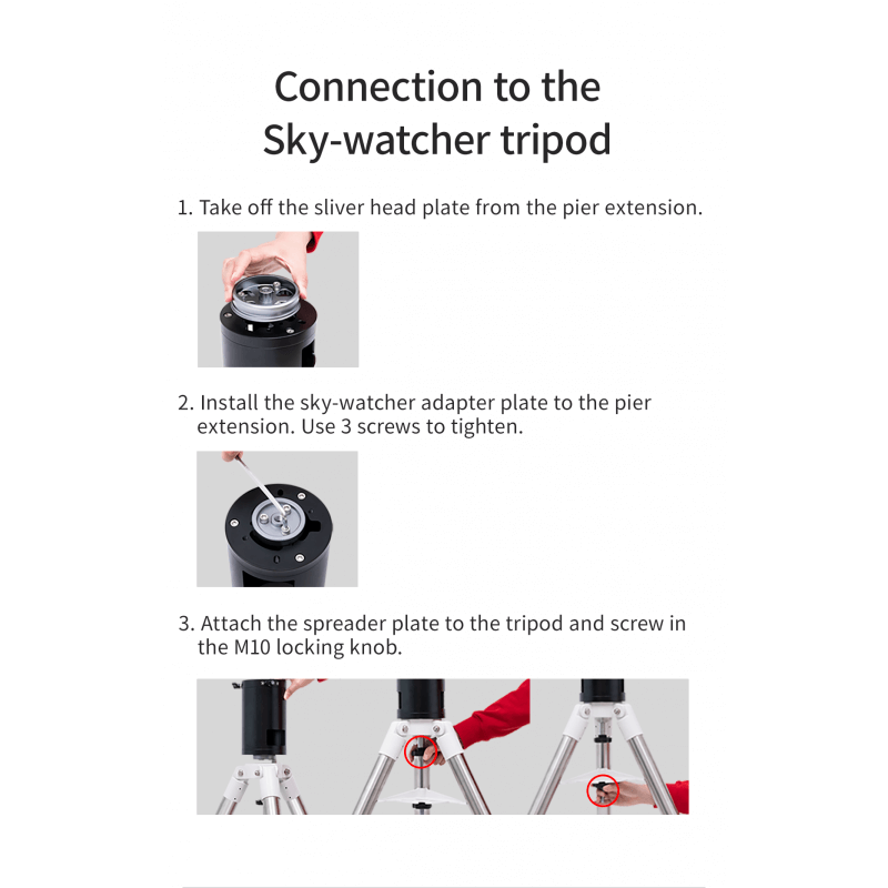 Istruzioni passo-passo per collegare l'adattatore Sky-Watcher a un treppiede, inclusi immagini descrittive del processo.
