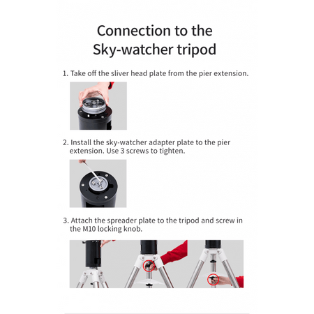 Istruzioni passo-passo per collegare l'adattatore Sky-Watcher a un treppiede, inclusi immagini descrittive del processo.