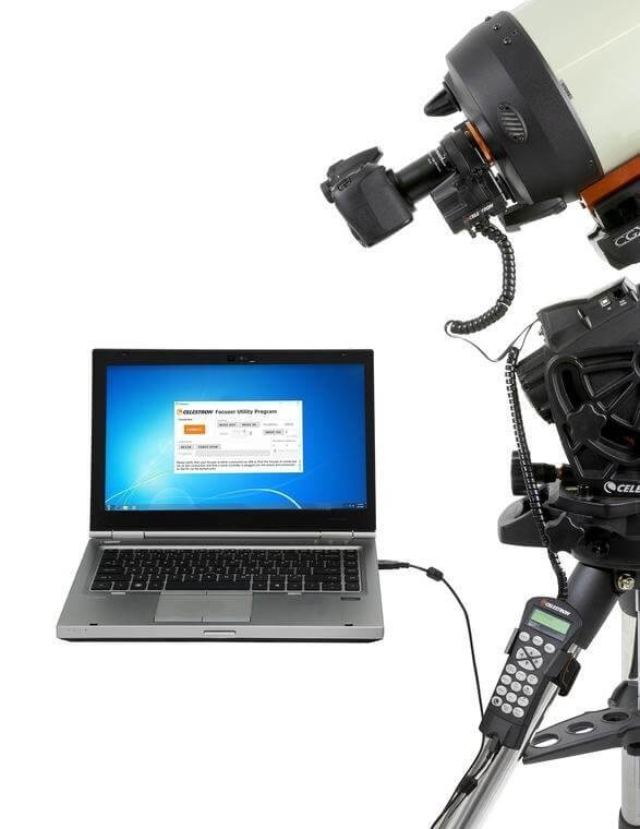Sistema di messa a fuoco elettronico Celestron con computer portatile, ideale per telescopi SCT e EdgeHD, controllo preciso del fuoco.