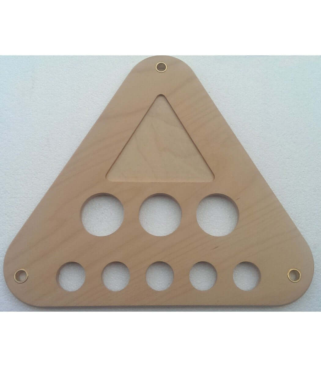 Piastra triangolare in legno per treppiede Geoptik Hercules 95 con fori di montaggio per diverse montature astronomiche.