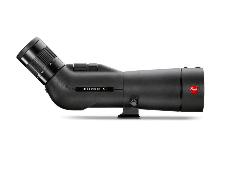 Cannocchiale Leica Televid HD 65 con oculare zoom 20x-60x su sfondo bianco.