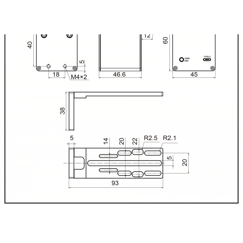 Disegno tecnico del focheggiatore elettronico ToupTek AAF 5V con misure dimensionali dettagliate.
