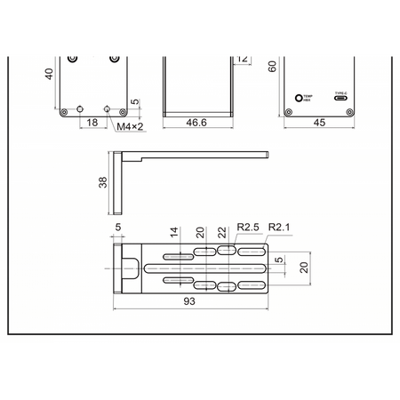 Disegno tecnico del focheggiatore elettronico ToupTek AAF 5V con misure dimensionali dettagliate.
