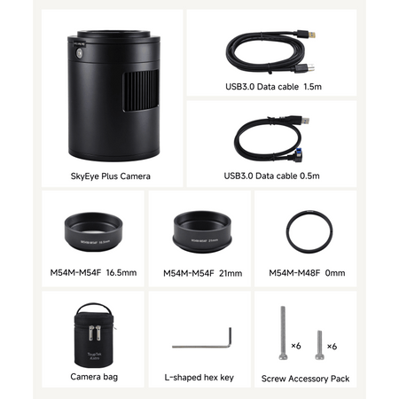 Dotazione della camera ToupTek SkyEye26AC Plus: cavi USB 3.0, anelli adattatori M54, chiave a brugola, viti e custodia