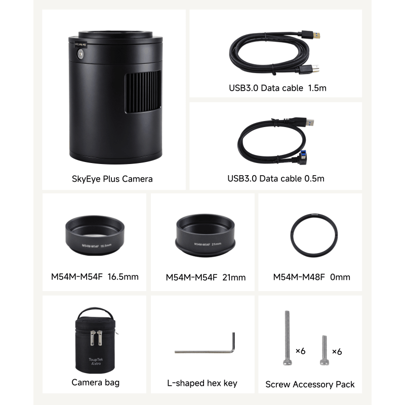 Dotazione della camera ToupTek SkyEye26AM Plus: cavi USB 3.0, anelli adattatori M54, chiave a brugola, viti e custodia