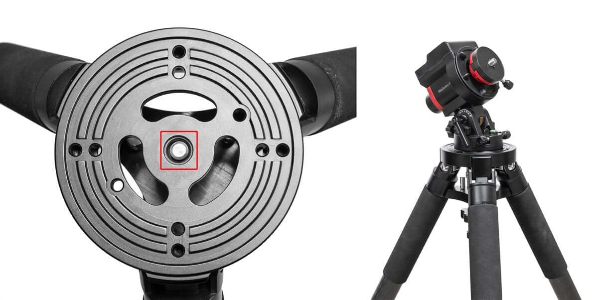 iOptron Treppiede in Carbonio con montatura HEM27, compatibile con GEM45/CEM40, regge fino a 50kg, dettagli struttura.