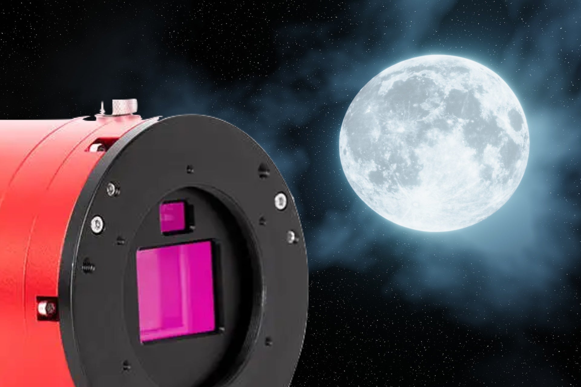High-resolution telescope lens capturing a full moon in the night sky, showcasing advanced stargazing technology.