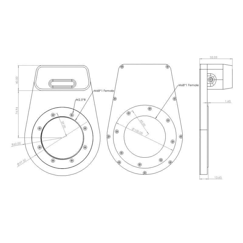 Disegno tecnico del Wanderer Rotator Lite M68 V2, mostra vista frontale e laterale per specifiche dimensioni meccaniche.