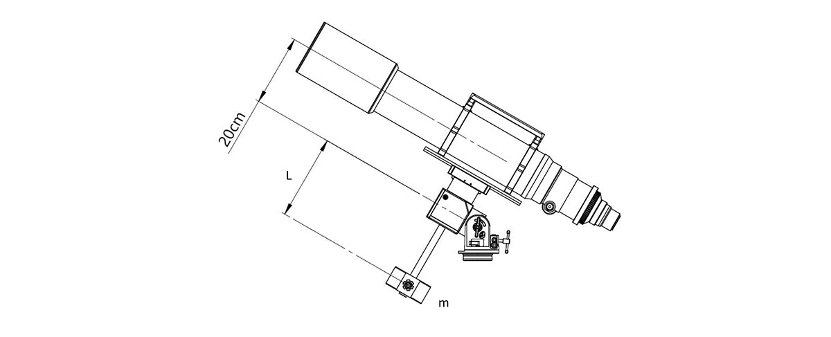 Schema ZWO AM3N: posizione del contrappeso sulla barra, braccio di leva L e massa m, con telescopio montato